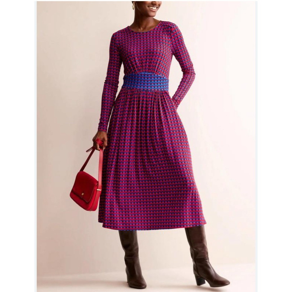 Boden Thea Long Sleeve Print Midi Dress Womens 2P Red Blue Cottagecore‎ Comfort